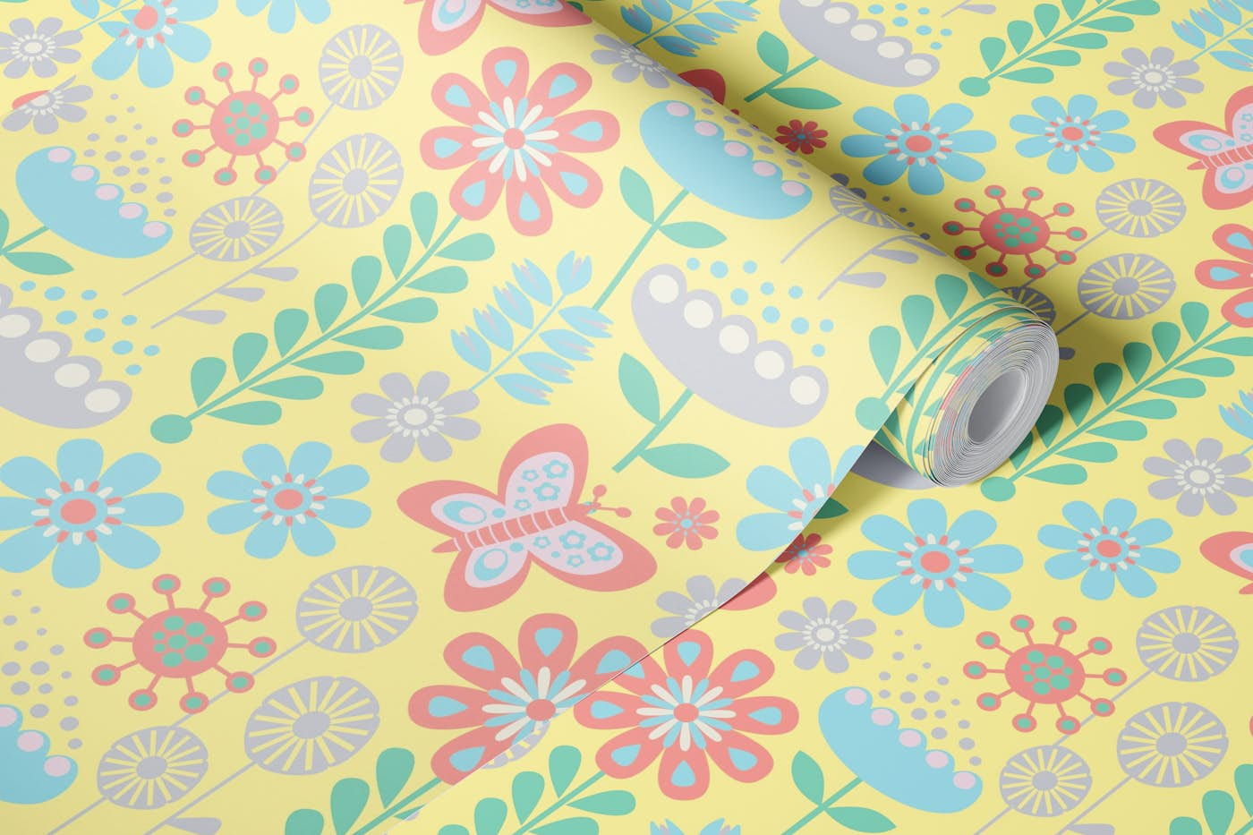 SUNNYSIDE Retro Scandi Floral Yellow wallpaper roll