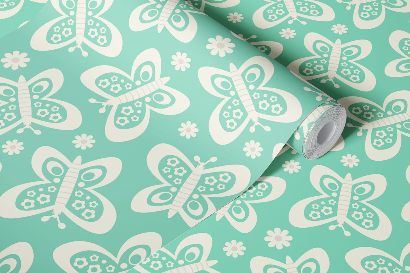 BUTTERFLIES Scandi Butterfly Flowers Green wallpaper roll