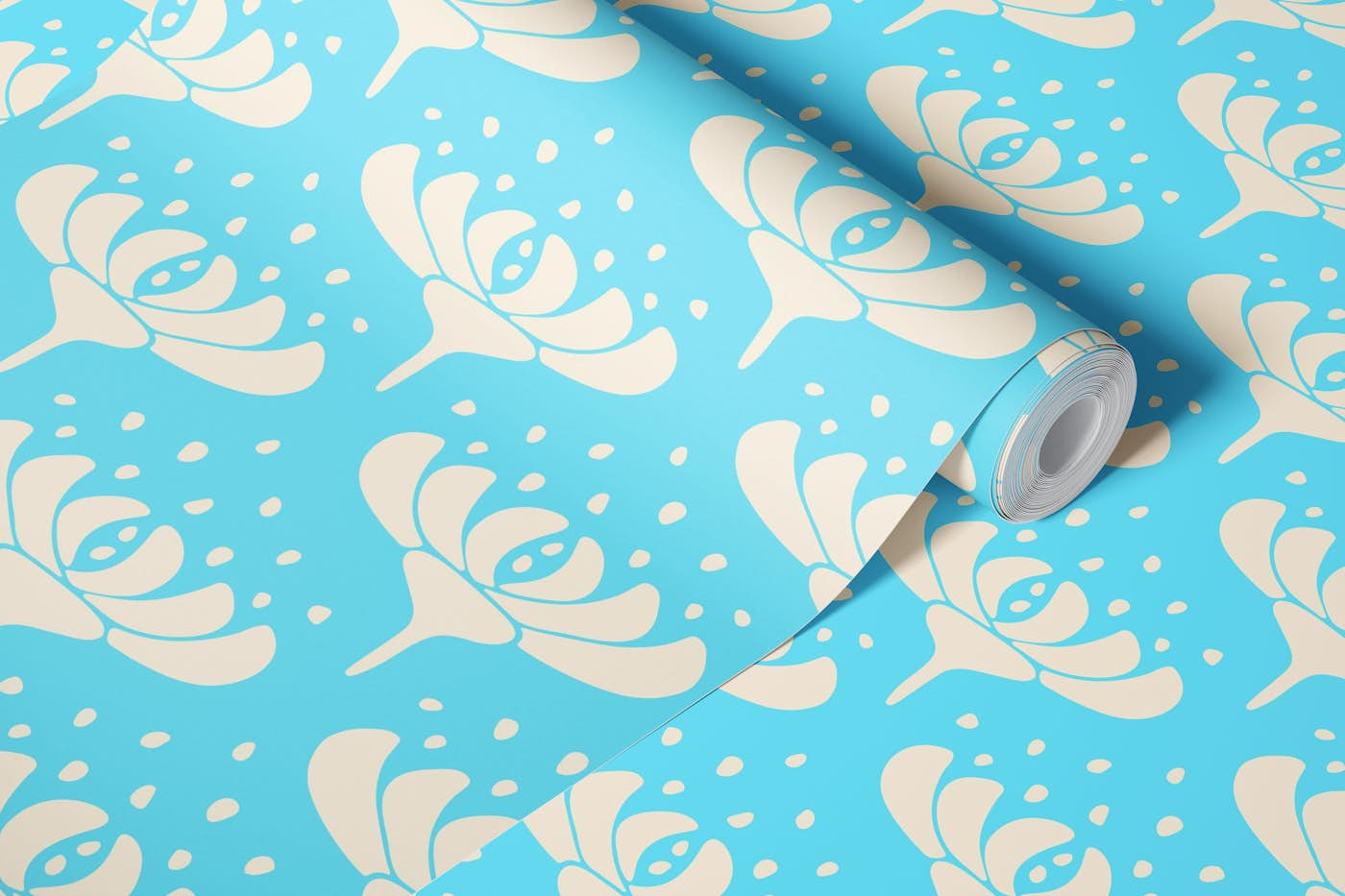 BLUE SKY Retro Mid-Century Floral Blue White wallpaper roll