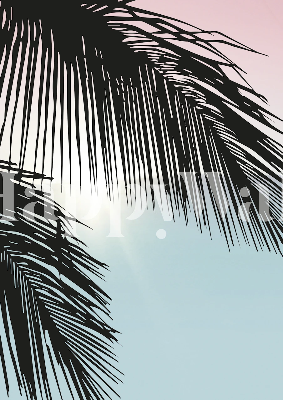 Tropical palm leaves silhouette against pink and blue gradient wallpaper
