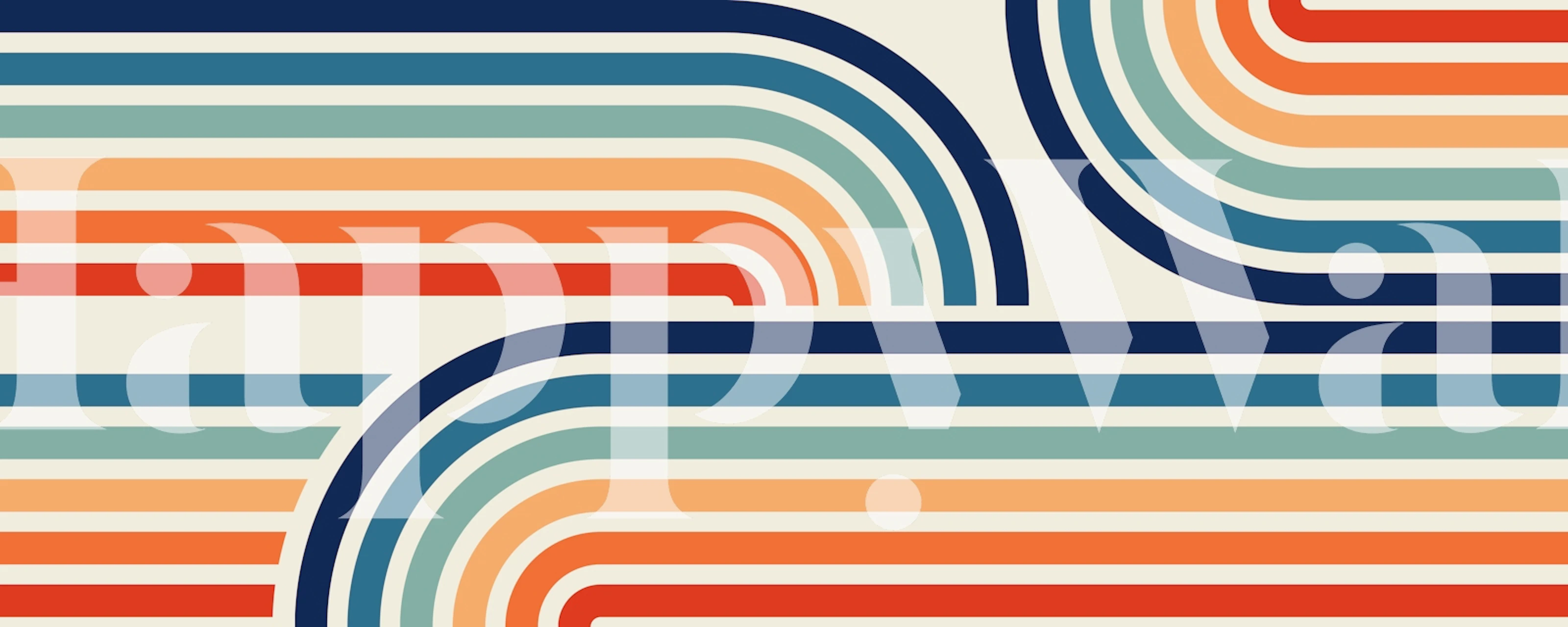 Abstrakt veggmaleri fra happywall.com med flytende linjer og sirkler i blått, krem og terrakotta