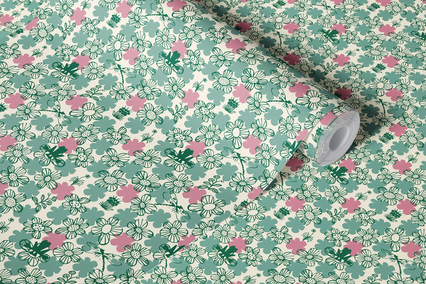 Scandi floral with frog and dragonfly wallpaper roll