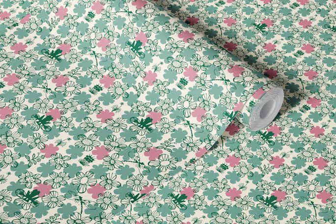 Scandi floral with frog and dragonflywallpaper roll