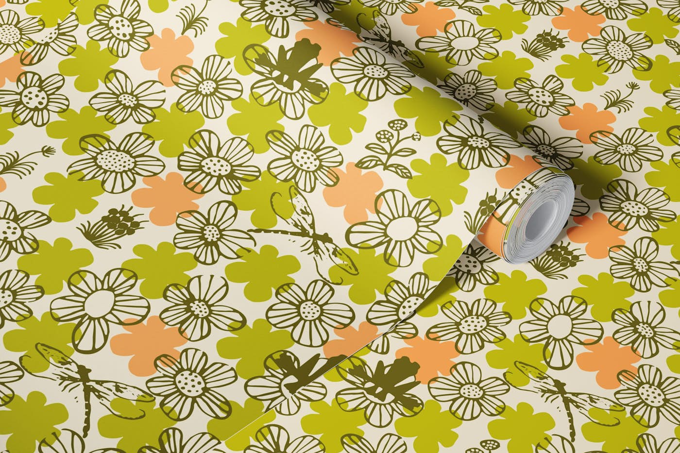 Olive green scandi abstract floral for kids wallpaper roll