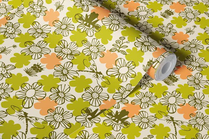 Olive green scandi abstract floral for kidswallpaper roll