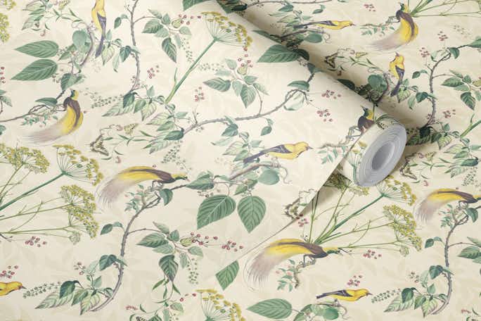 Spring floral damask and vintage birds Iwallpaper roll