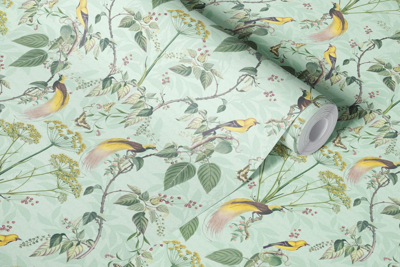 Spring floral damask and vintage birds II wallpaper roll