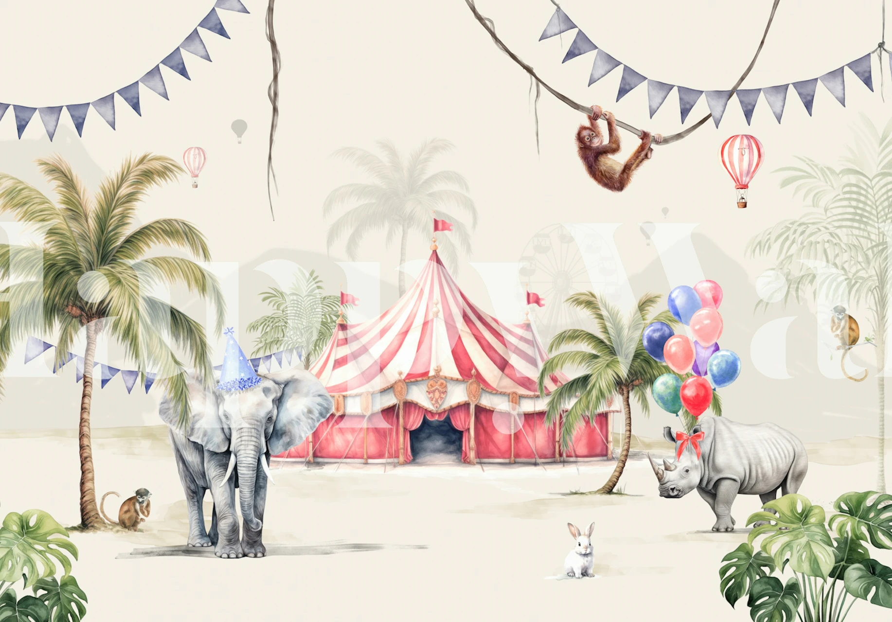 Circus scene with elephants, rhino, and balloons in pastel colors wallpaper