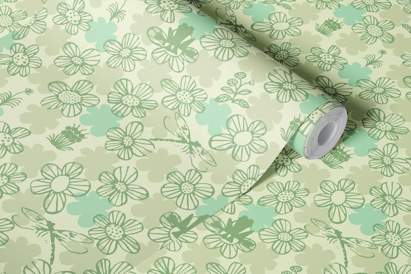 Scandi nature muted sage green wallpaper roll