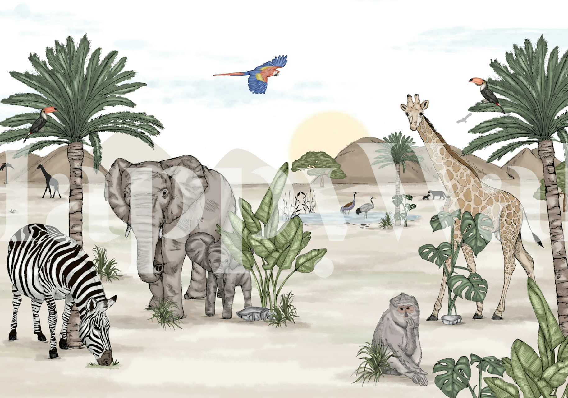 Safari Retreat -tapetti, joka esittelee villieläimiä ja luontoa