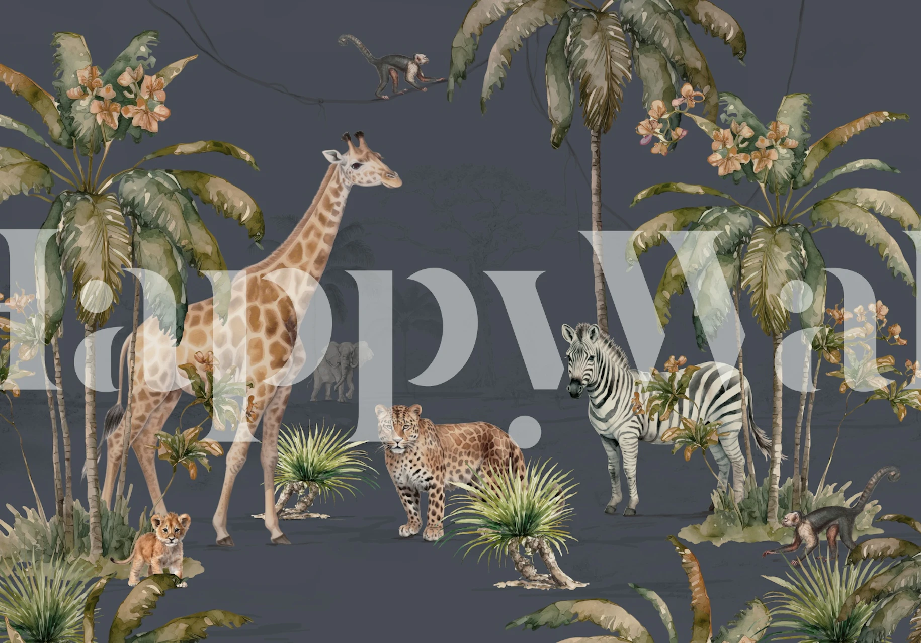 Vackra Wildlife Navy tapet som visar giraffer och zebror mitt i grönt tropiskt löv på en marin bakgrund