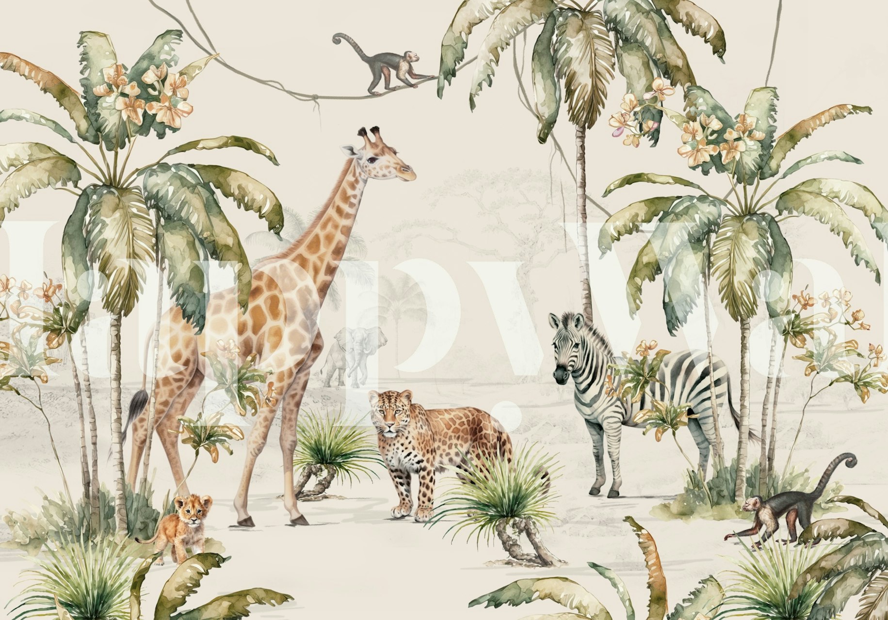 Giraffes, zebras, and other animals in lush greenery wallpaper