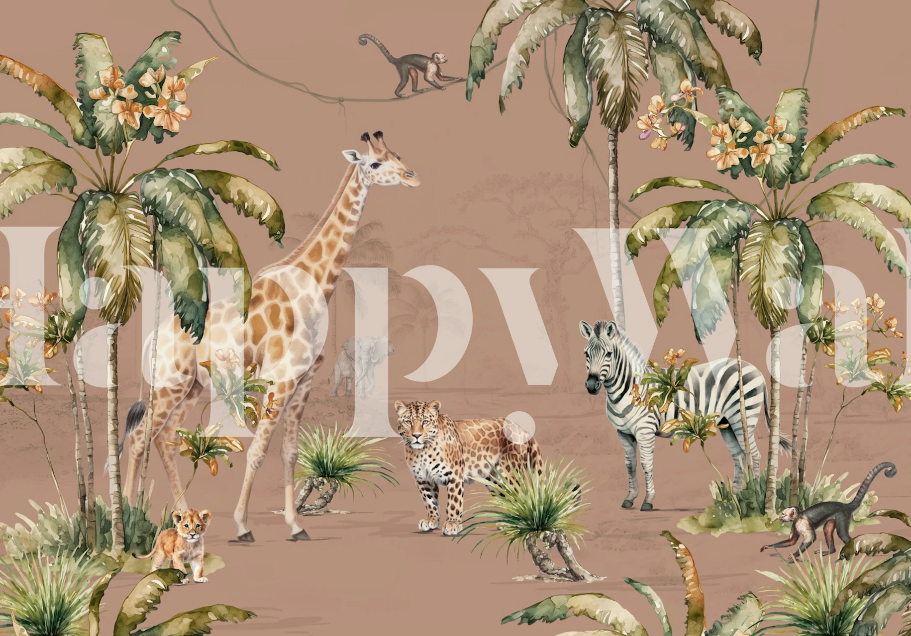 Tropical safari animals on a terra-cotta background wall mural