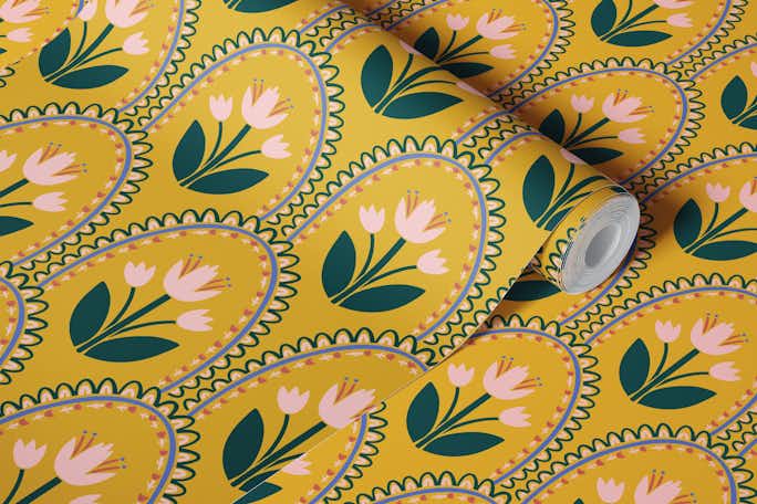 Broderie in Bloom - Mustardwallpaper roll