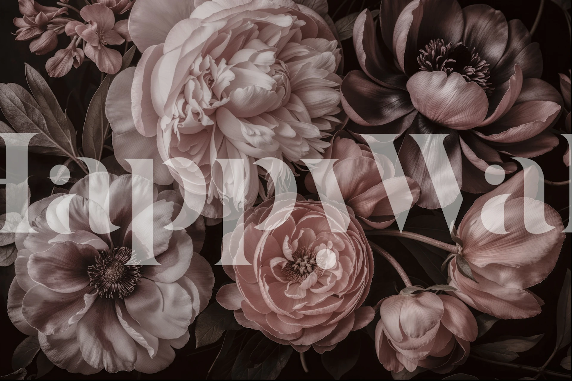 Floral design with large pink flowers and dark leaves wallpaper