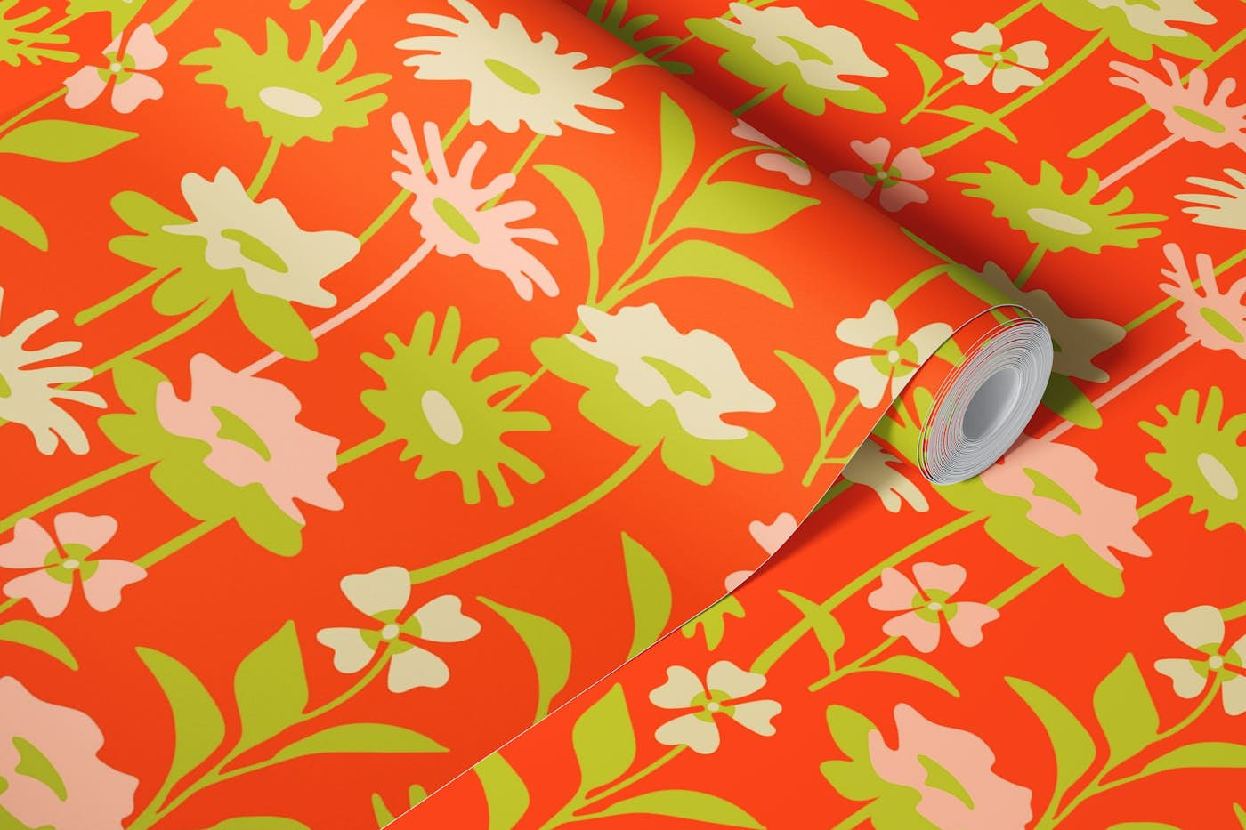 GARDEN MEADOW Retro Floral - Green Orange wallpaper roll