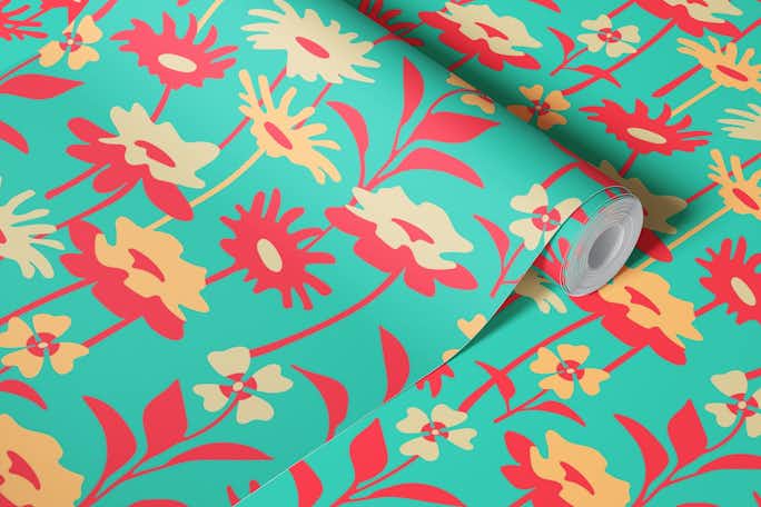 GARDEN MEADOW Retro Floral - Red Turquoisewallpaper roll