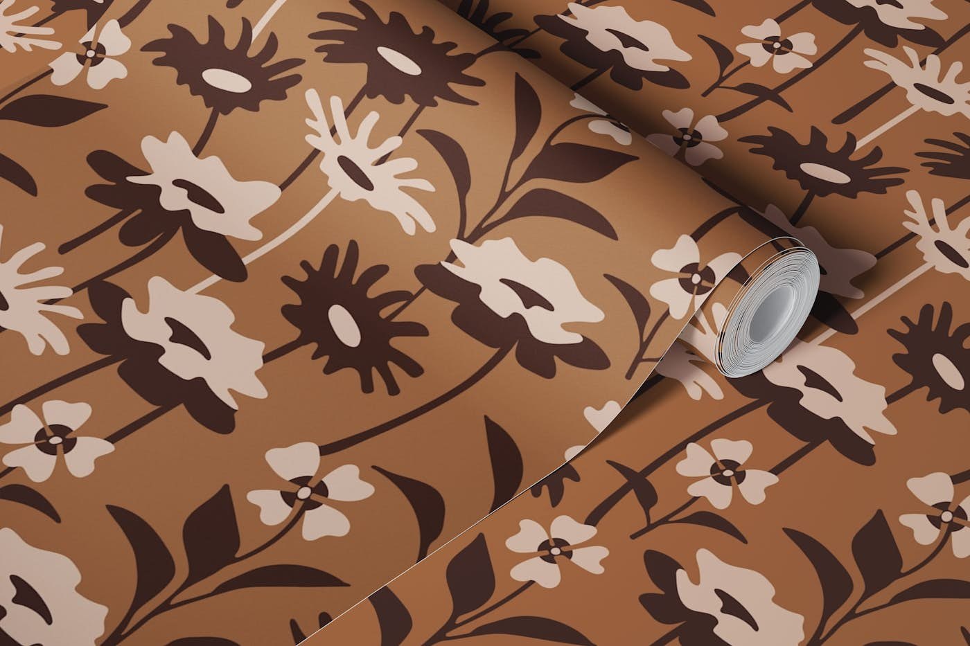 GARDEN MEADOW Retro Floral - Brown Earth Tone wallpaper roll