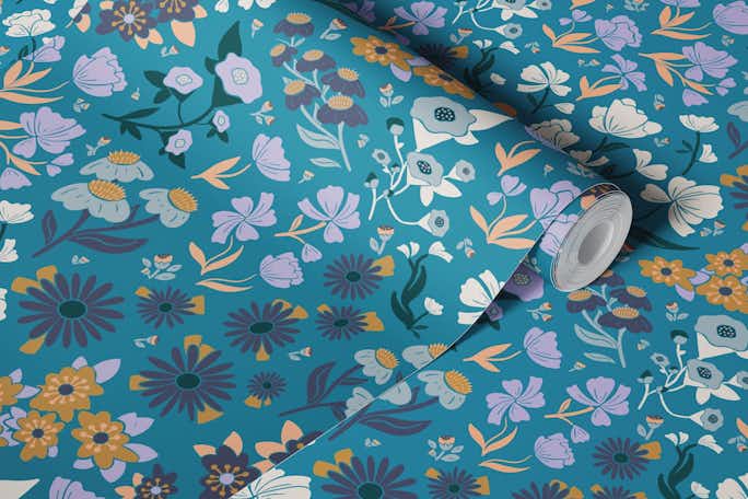 Where the Wildflowers Are - Teal Bluewallpaper roll
