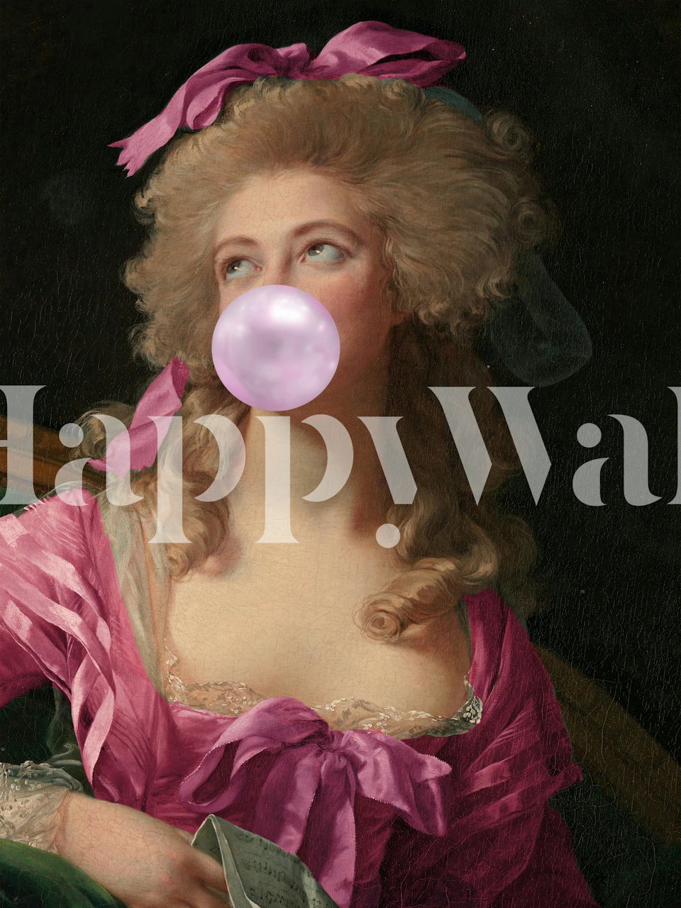 Klassiskt porträtt av en kvinna med rosa tuggummi