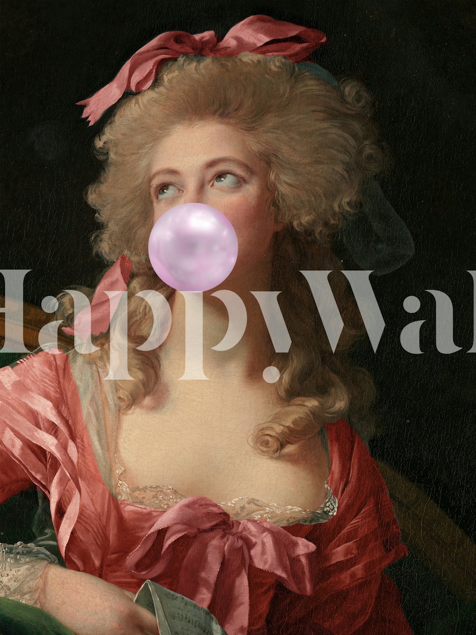 Classic portrait with pink bubble gum, vintage style wallpaper