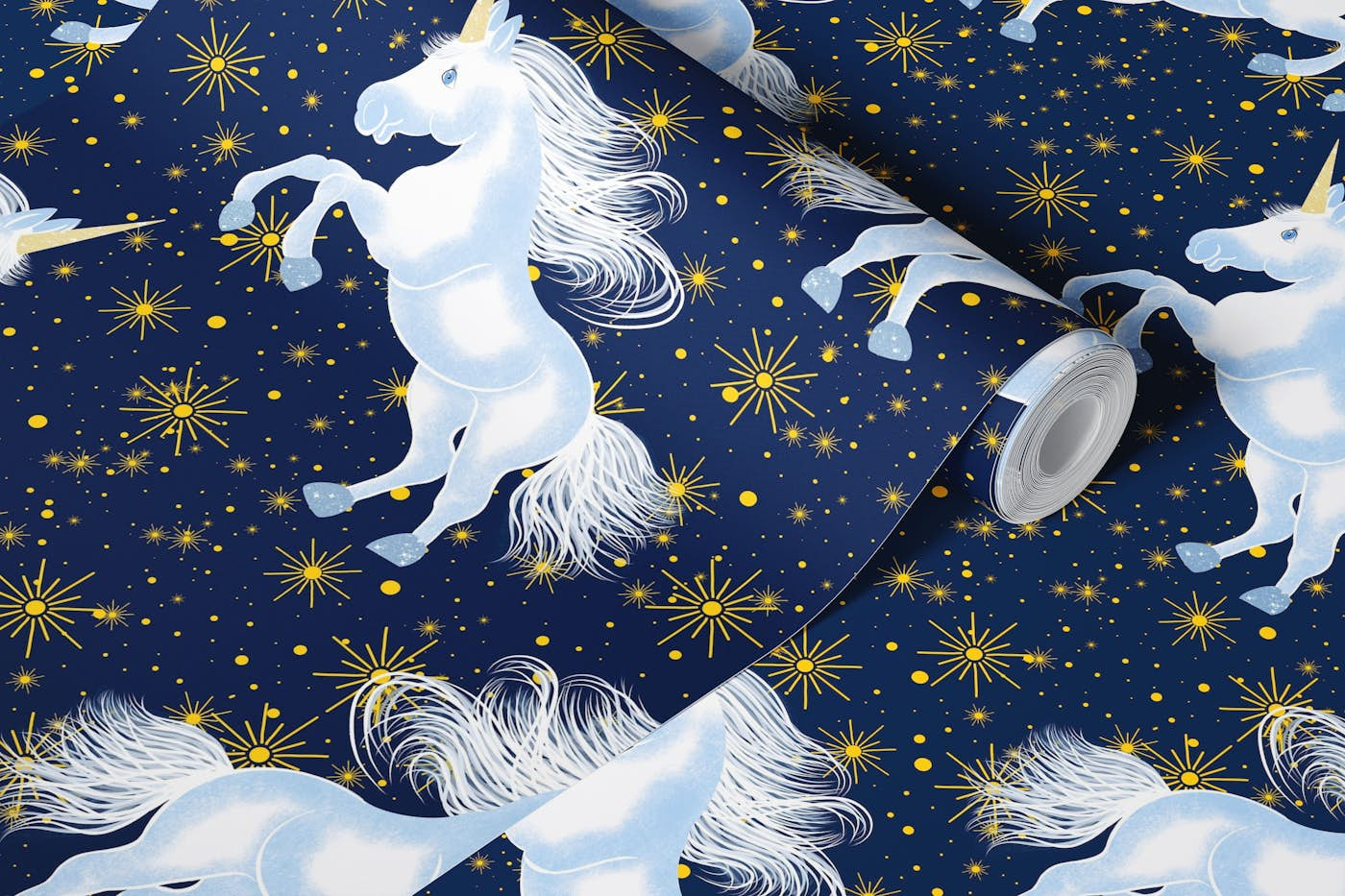 Jumping Unicorn on Dark Blue Background wallpaper roll