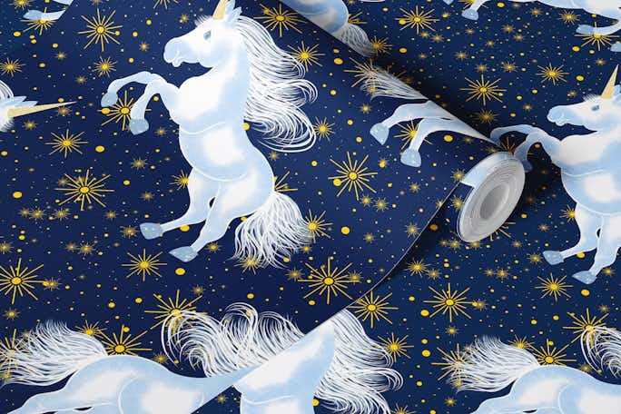 Jumping Unicorn on Dark Blue Backgroundwallpaper roll