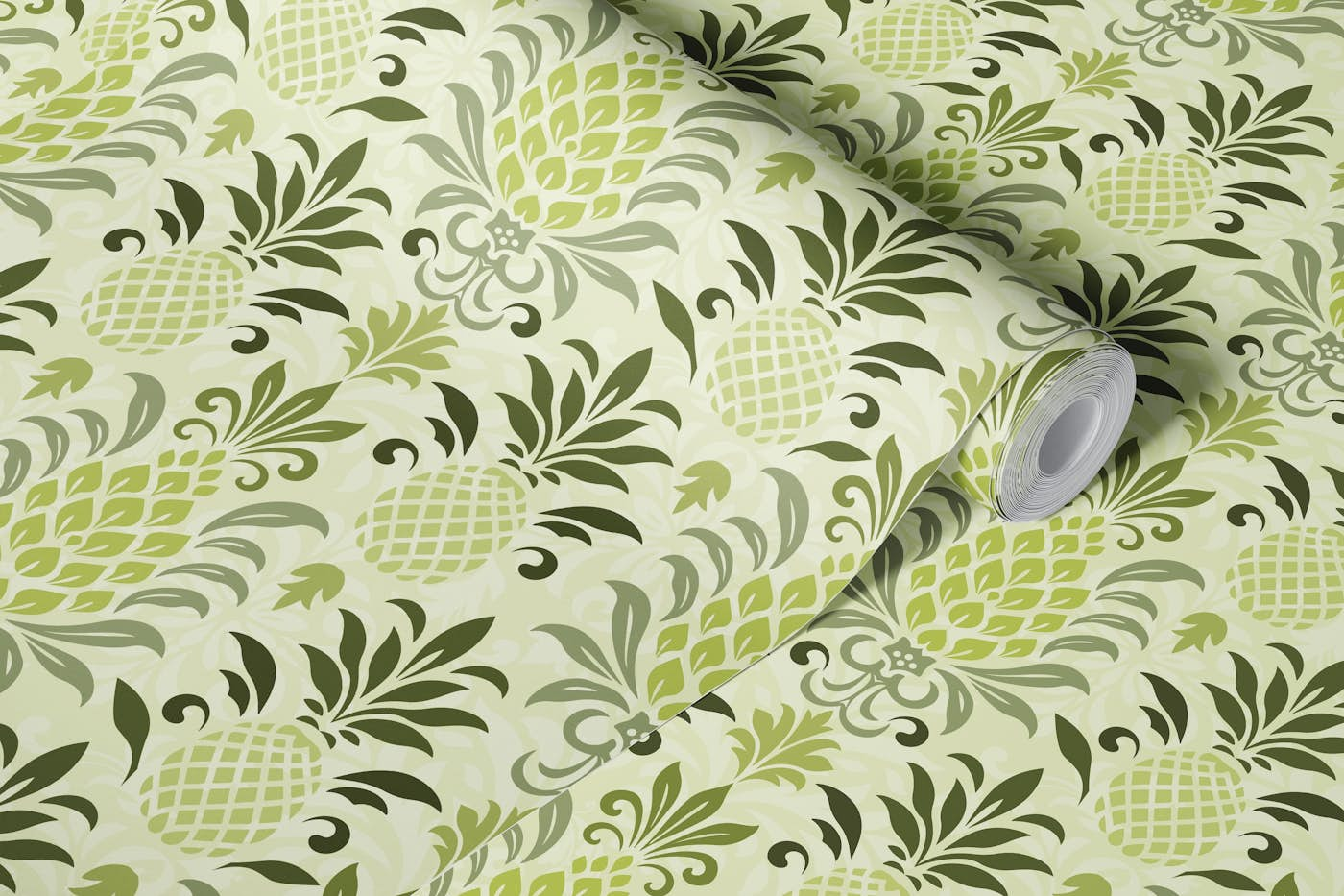 Modern Monochrome Pineapple Damask Green wallpaper roll