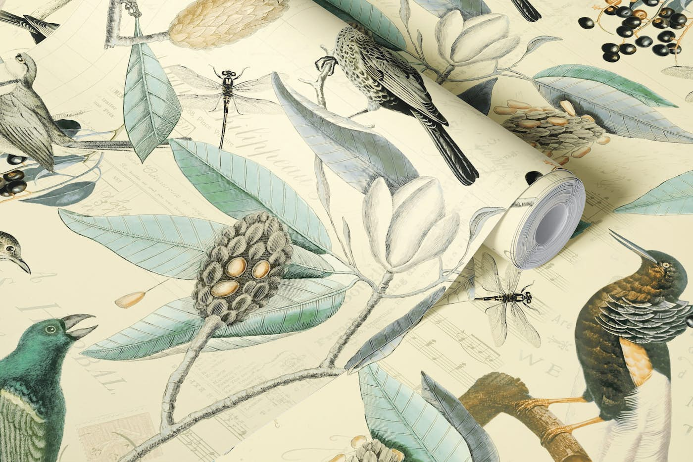 Vintage Magnolia And Birds Beige Teal wallpaper roll