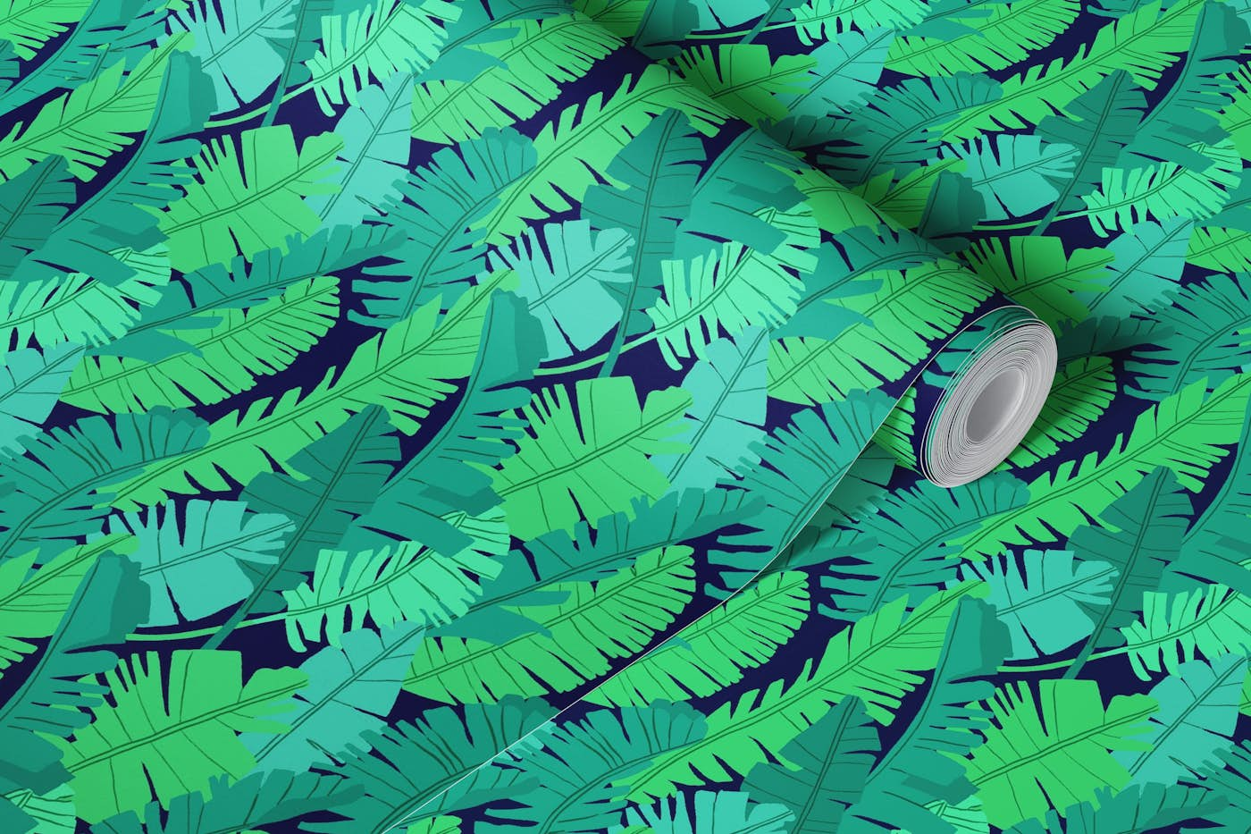 Green and blue palm leaves wallpaper roll