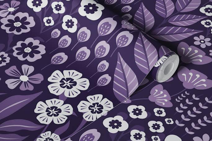 Midnight Purple Whimsical Floral Gardenwallpaper roll