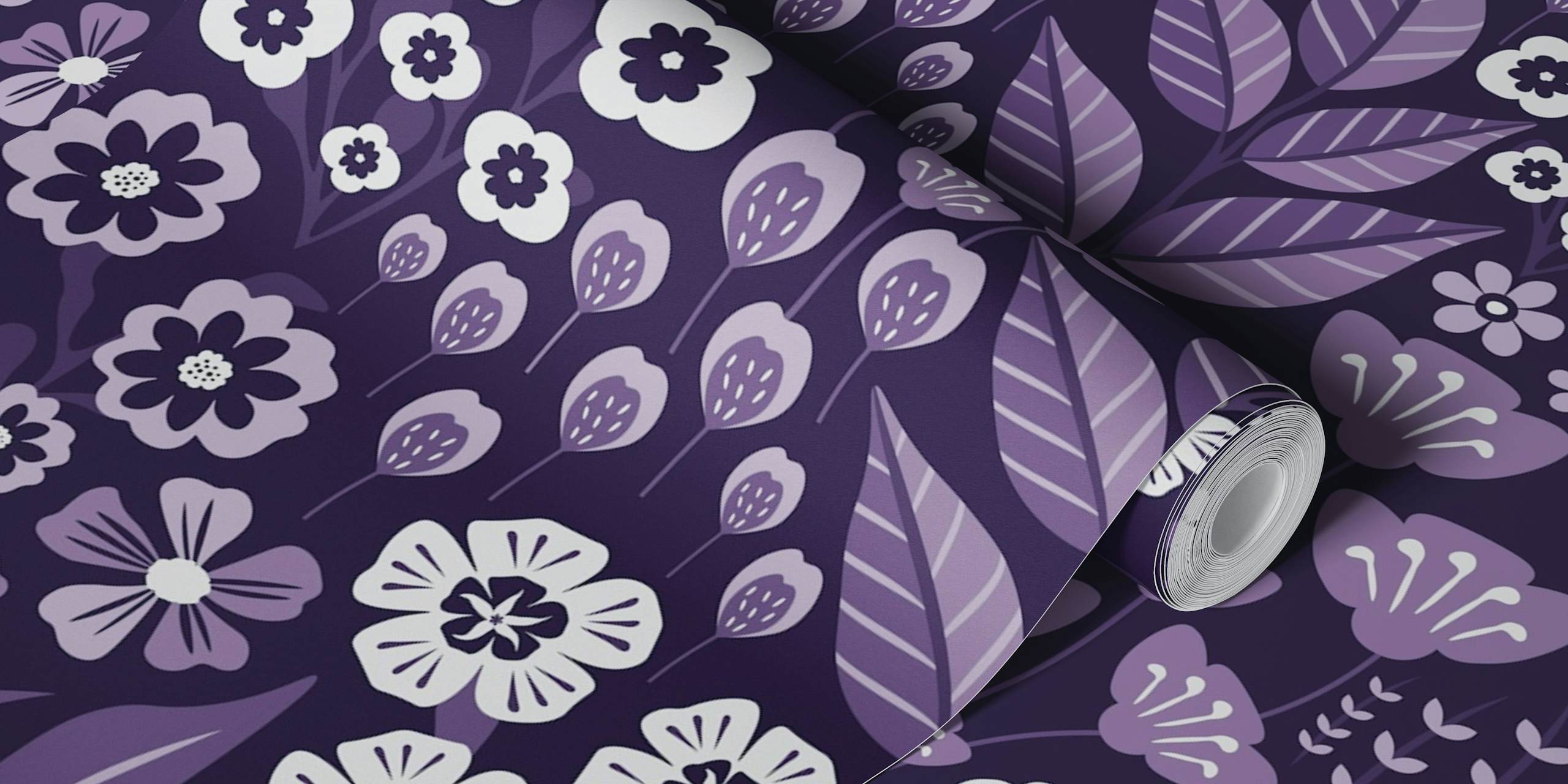 Purple floral pattern featuring whimsical flowers and leaves wallpaper