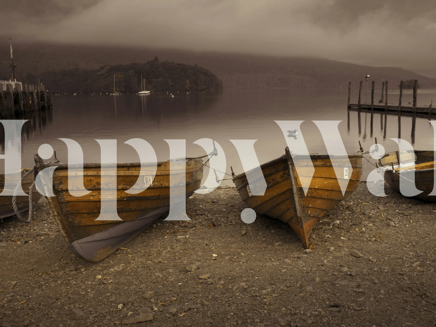 Murale lago tranquillo con barche a remi