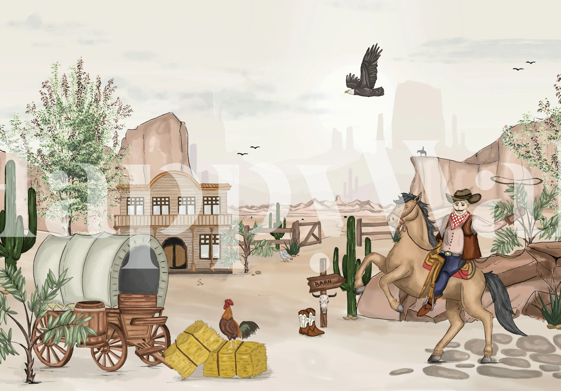 Wild West scene with cowboys, cacti, and landscapes wallpaper