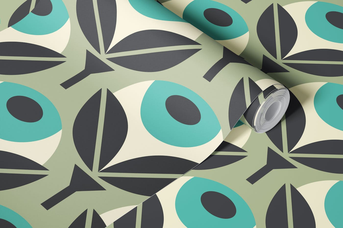 Retro geometric poppy flowers, blue / 3014 B wallpaper roll