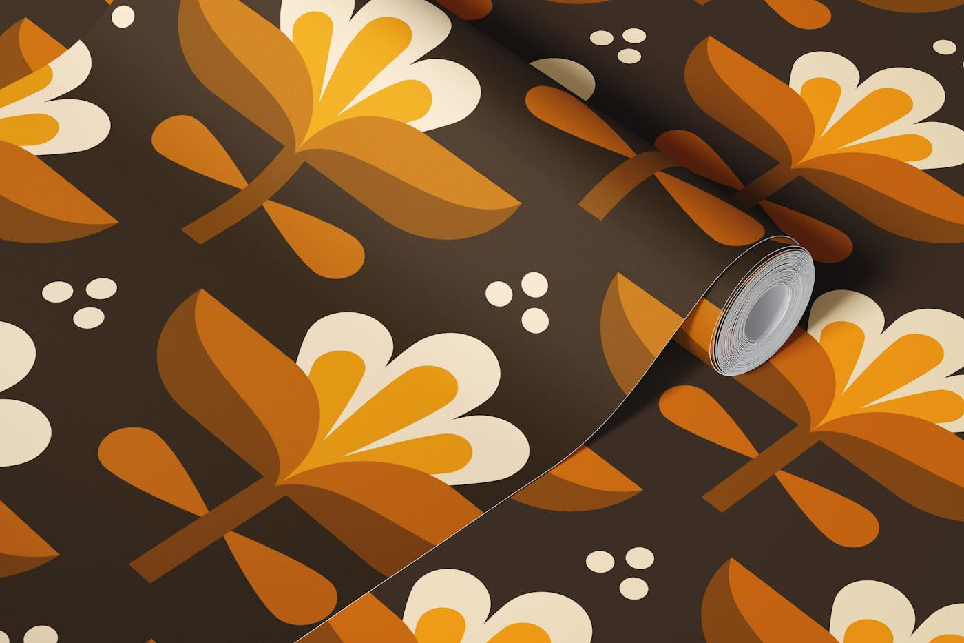 Vibrant retro blossoms, brown / 3017 C wallpaper roll