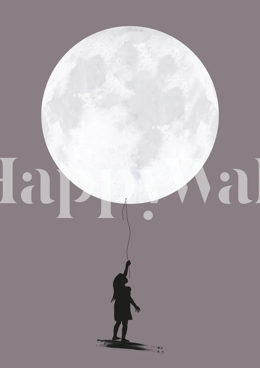 Silhouette of a person holding a balloon shaped like the full moon against a muted background