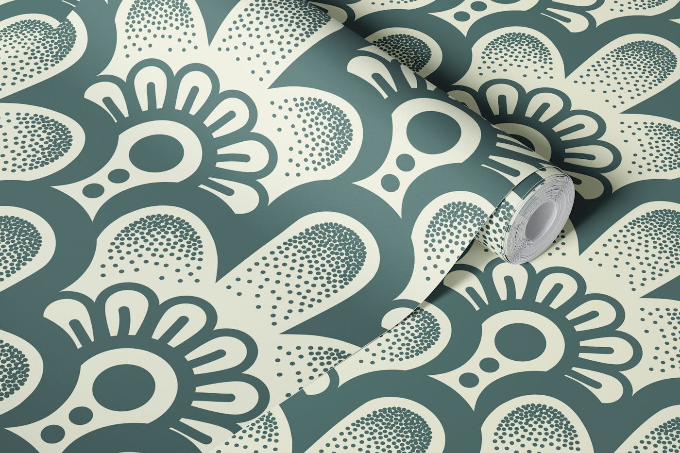 Hand drawn floral scallops, green / 3019 A wallpaper roll