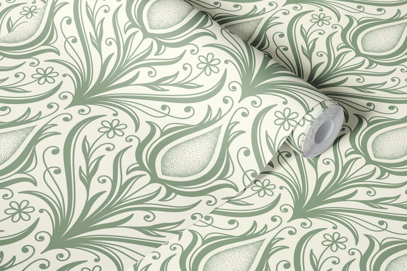 Ornamental flowers pattern, sage / 3020 A wallpaper roll