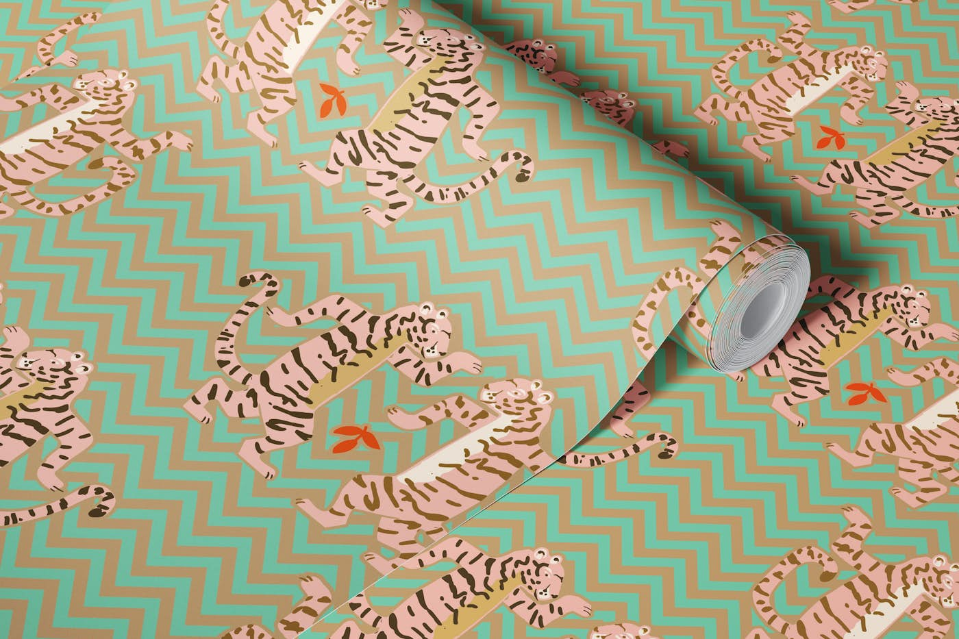 Dancing tiger Zig zag move – mint sand wallpaper roll