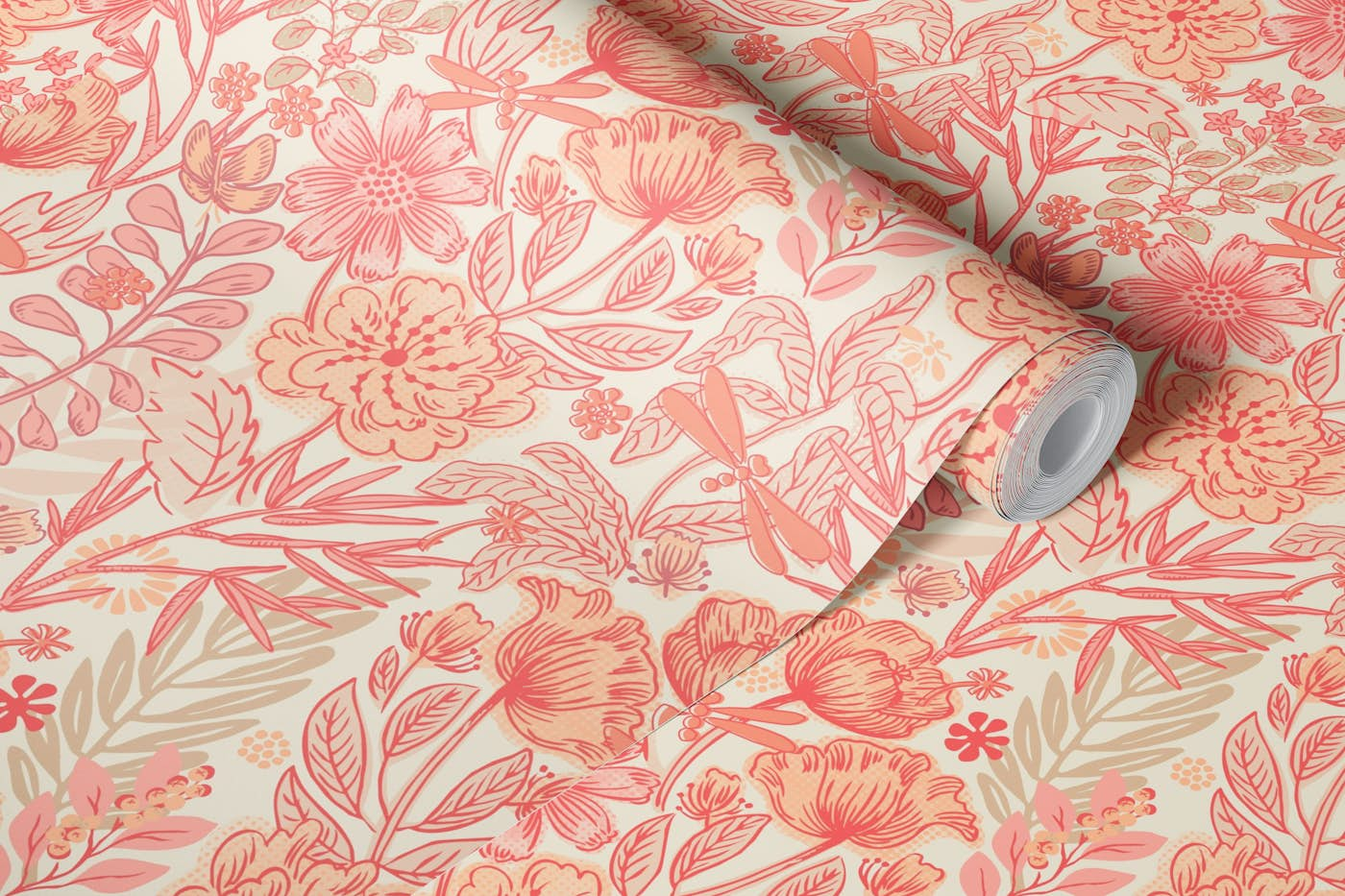 Peach fuzz floral meadow wallpaper roll