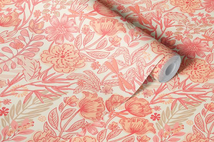 Peach fuzz floral meadowwallpaper roll