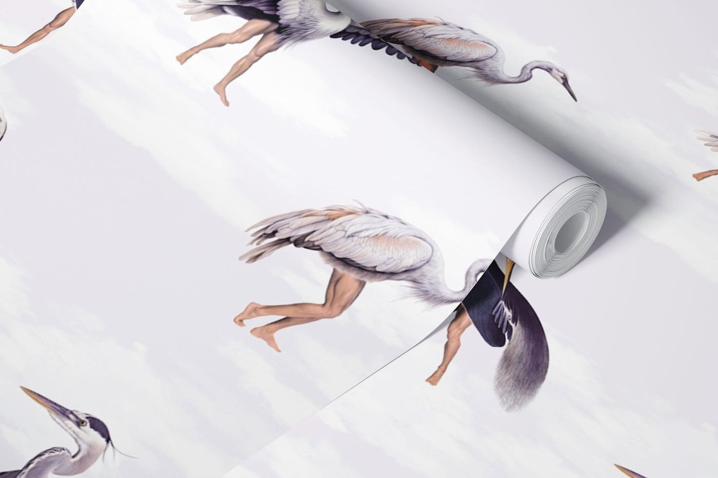 Crane Bird-boys in purple lavender wallpaper roll