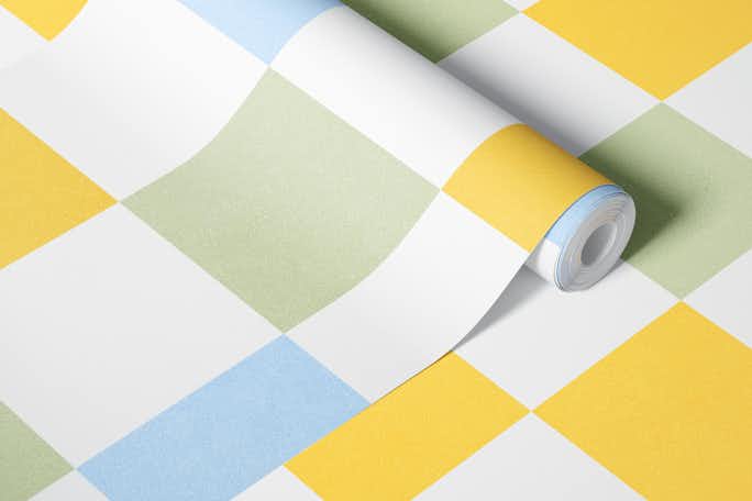 Retro Pastel Checks - Sunny Green Yellow Bluewallpaper roll