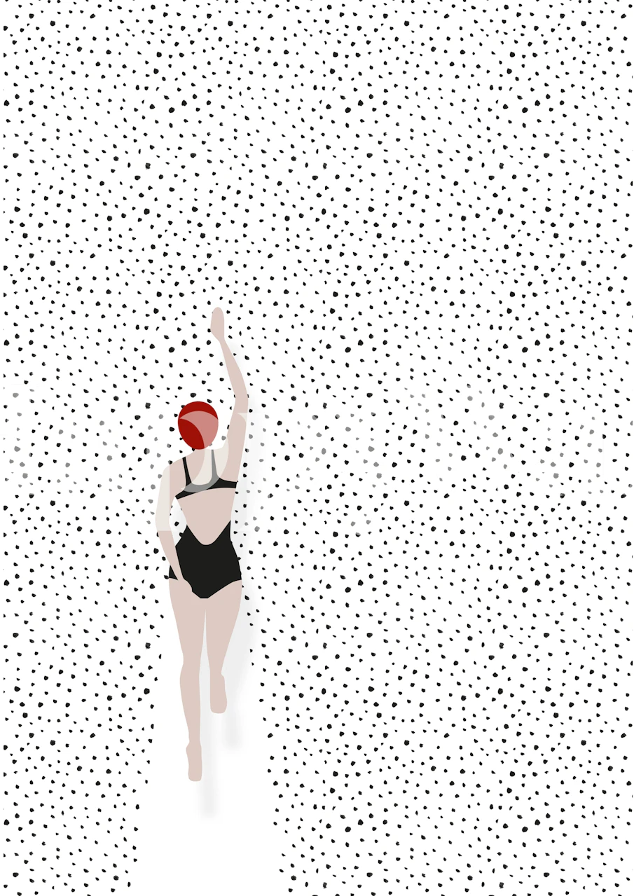 Swimming figure in black swimsuit, dotted pattern, black and white wallpaper