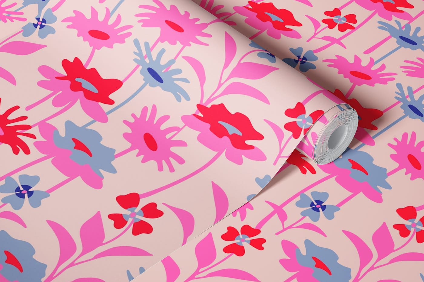 GARDEN MEADOW Retro Floral - Fuchsia Pink Red wallpaper roll