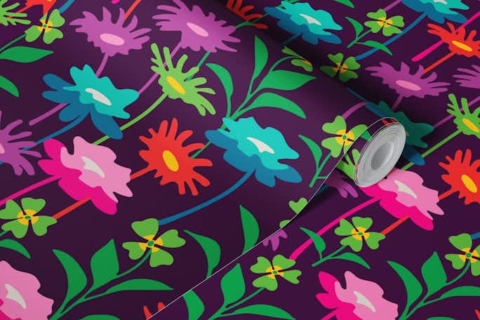 GARDEN MEADOW Retro Floral - Rainbow Brightswallpaper roll