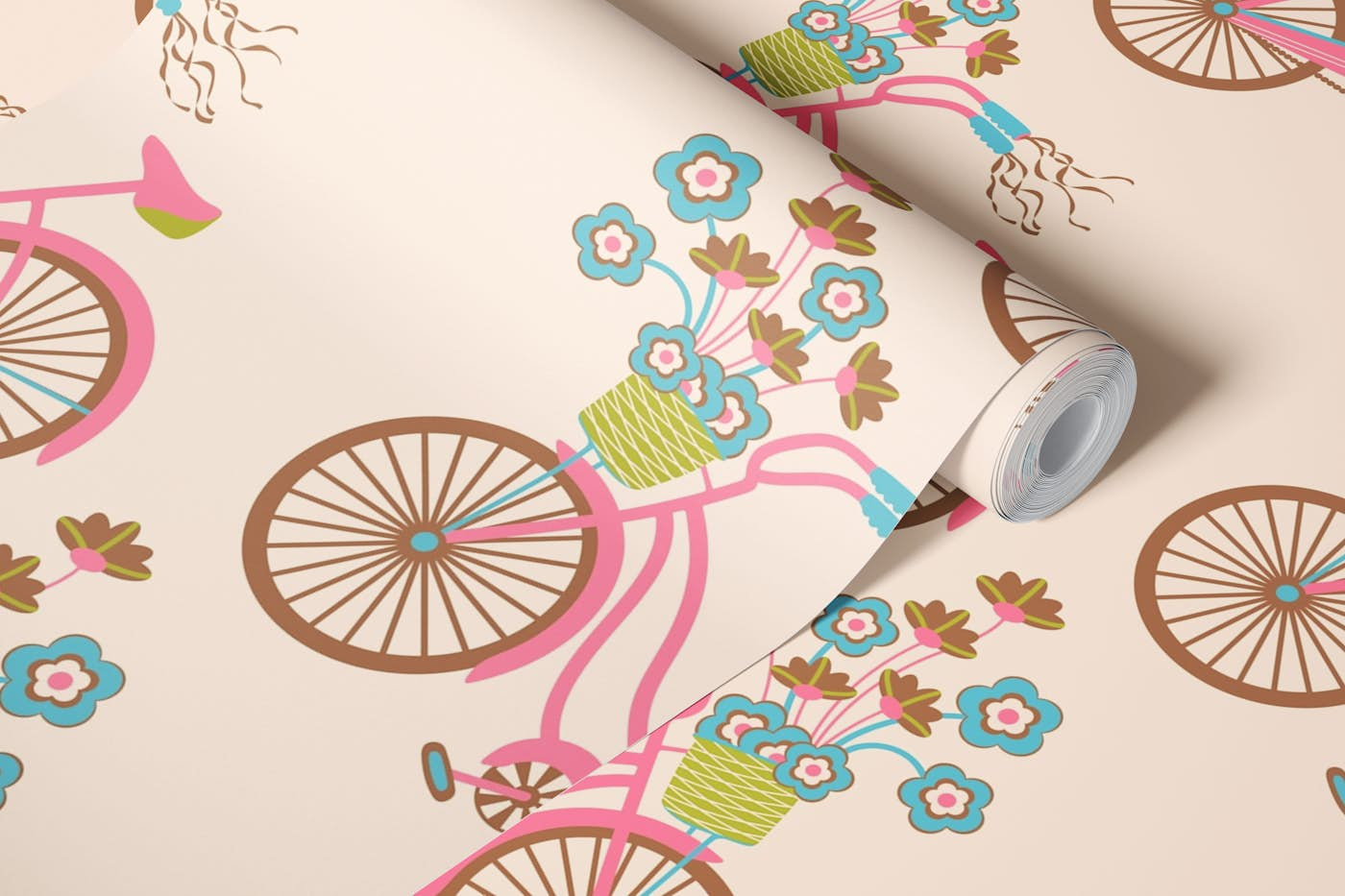 MY BIKE Retro Vintage Bicycle Flowers - Pink wallpaper roll