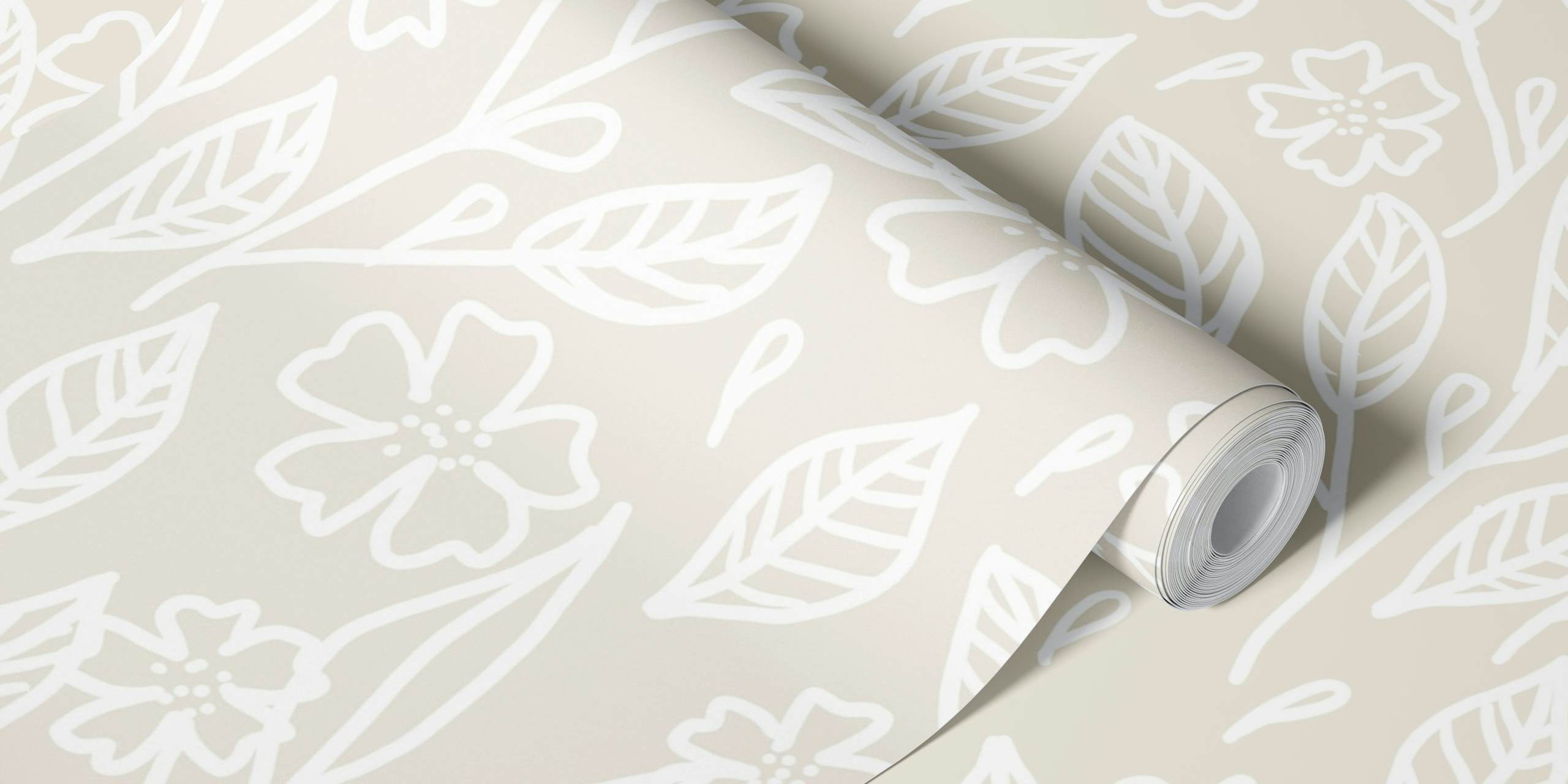 Floral pattern with leaves and flowers in white on a beige background wallpaper