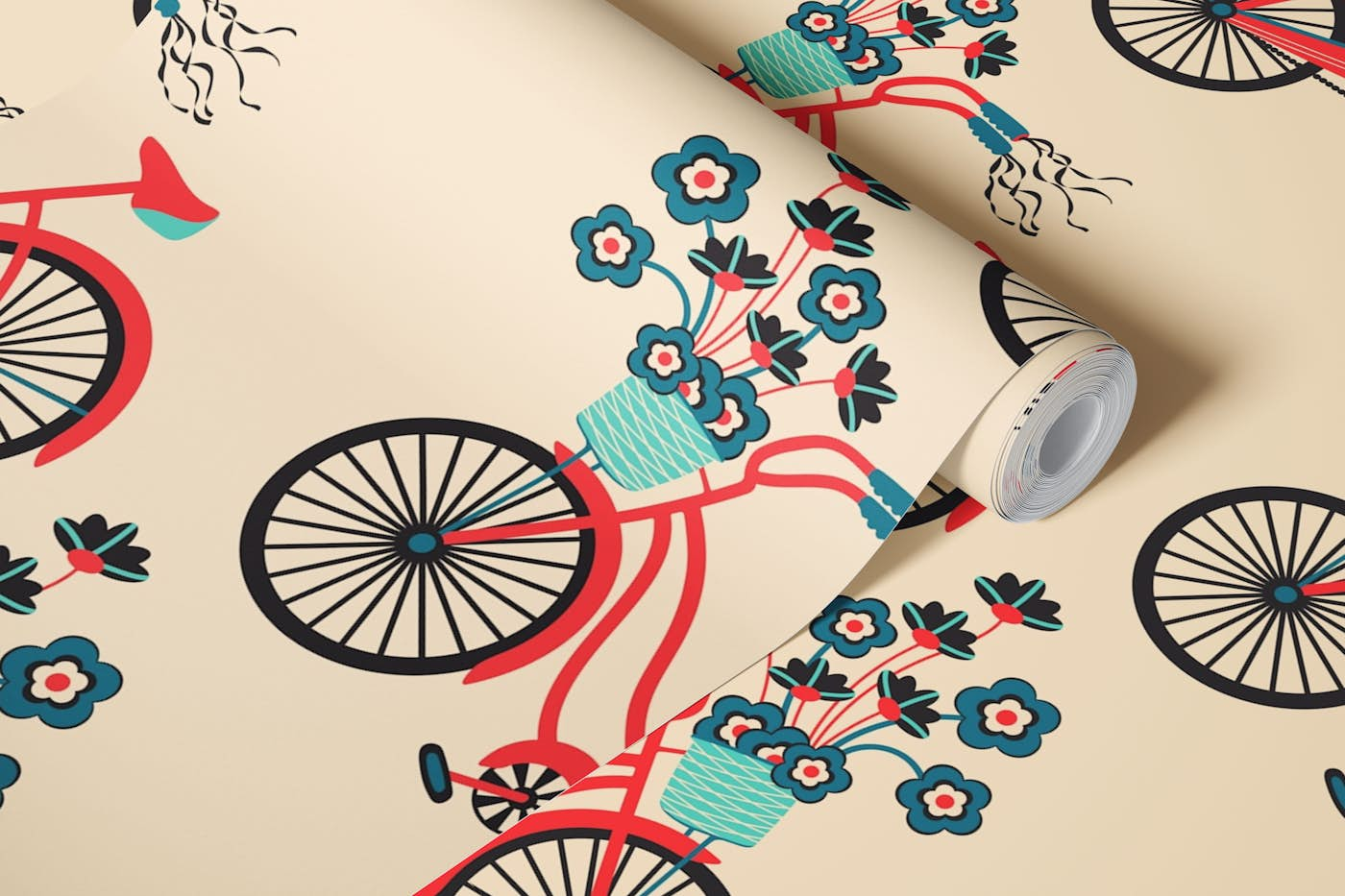 MY BIKE Retro Vintage Bicycle Flowers - Red wallpaper roll